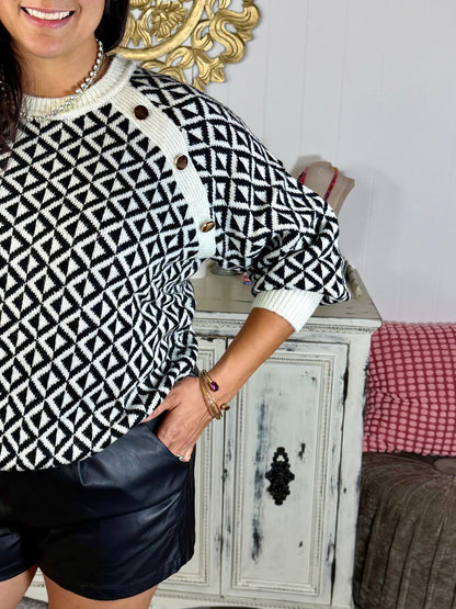Black Button Detail Geo Pattern Sweater
