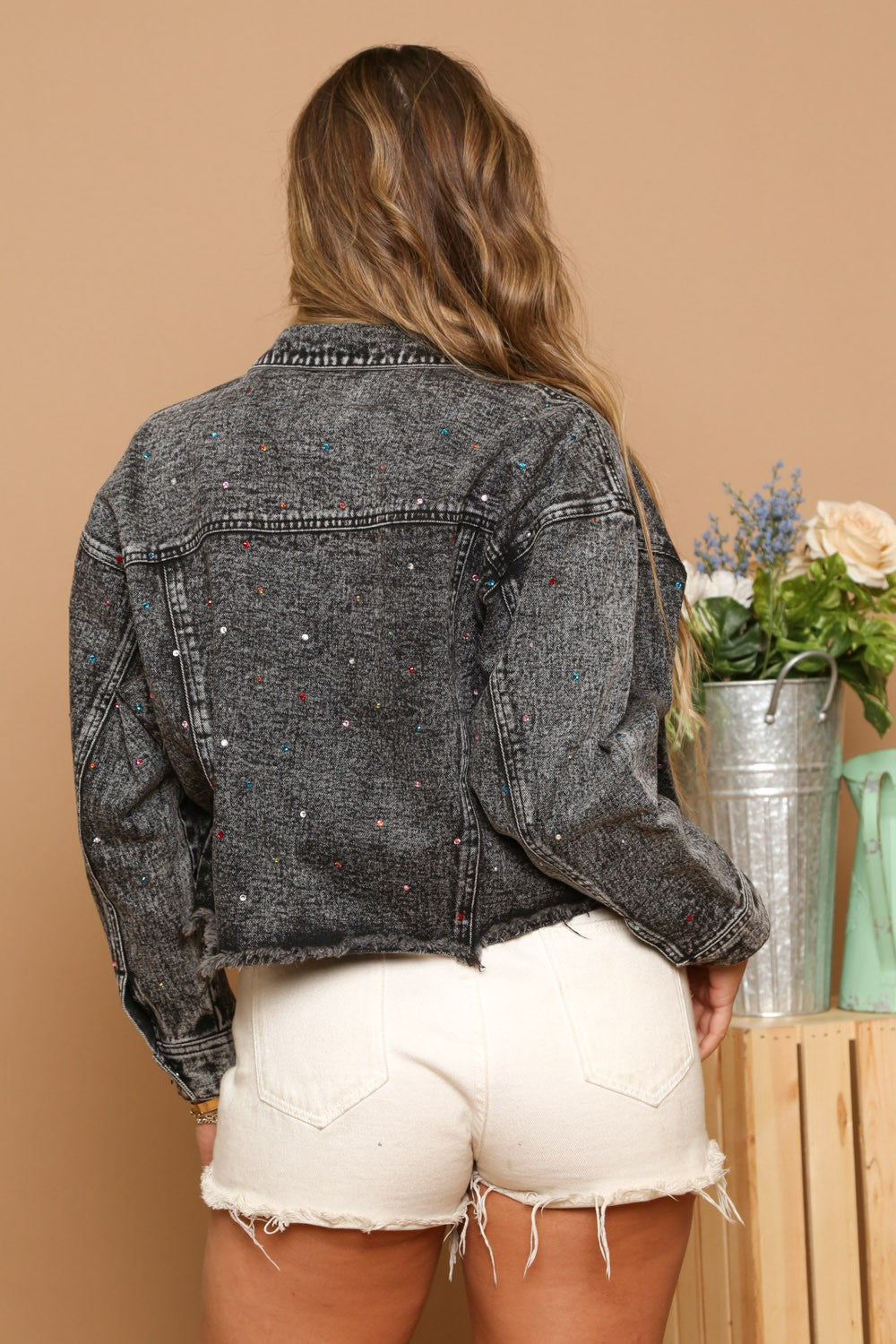 Rainbow Embellished Black Denim Jacket