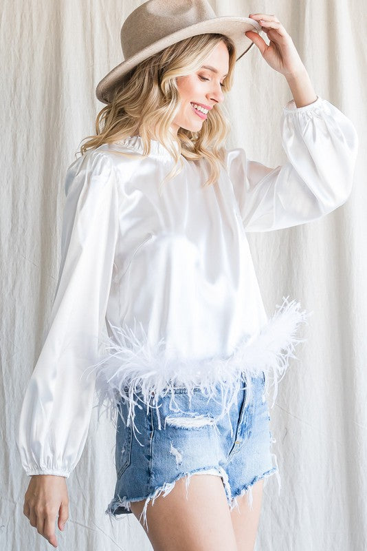 White Satin Feather Trim Top