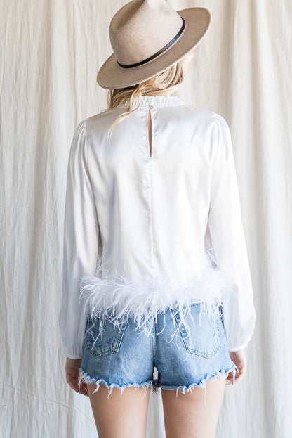 White Satin Feather Trim Top