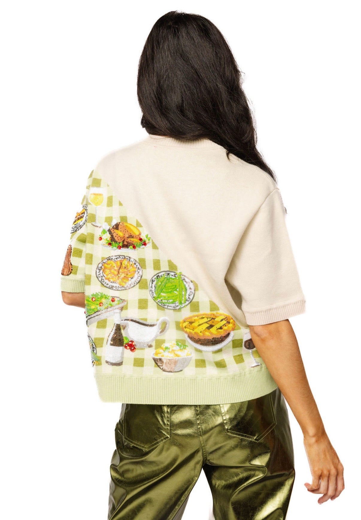 Queen of Sparkles Ivory & Green Gingham Colorblock Thanksgiving Meal Knit Top