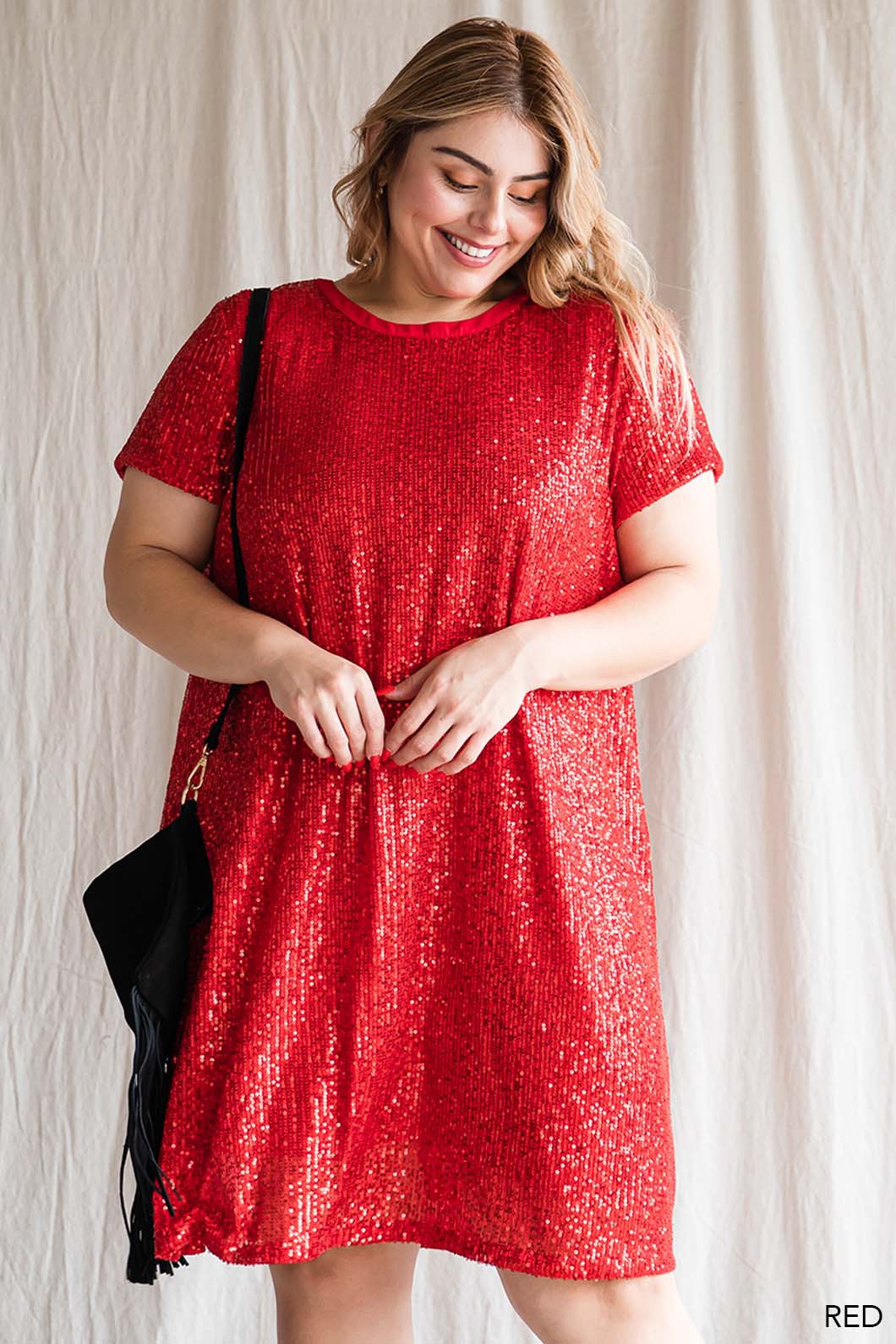 Red Sequin Short Sleeve Dress