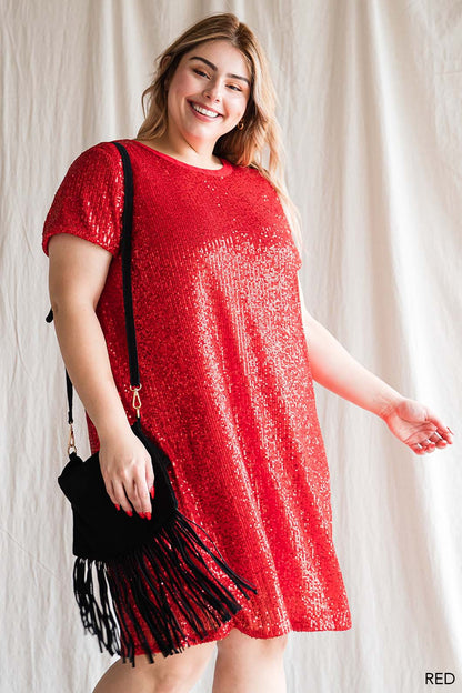 Red Sequin Short Sleeve Dress