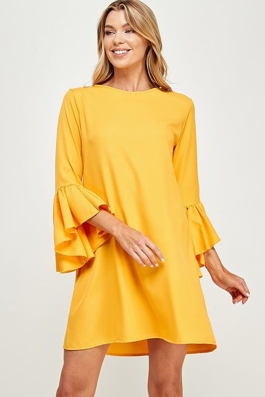 Gold Bell Sleeve Shift Dress