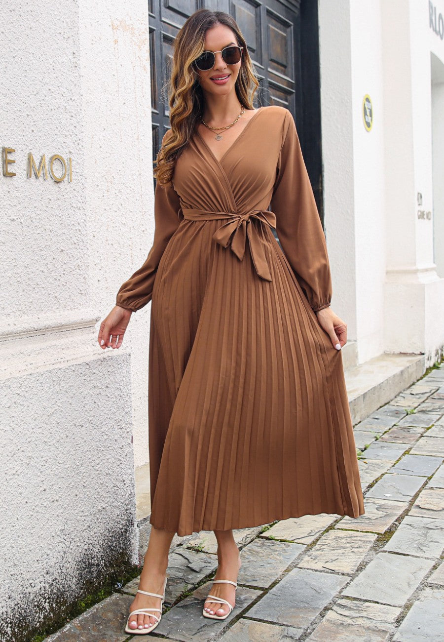 Beige Surplice Neck Pleated Dress