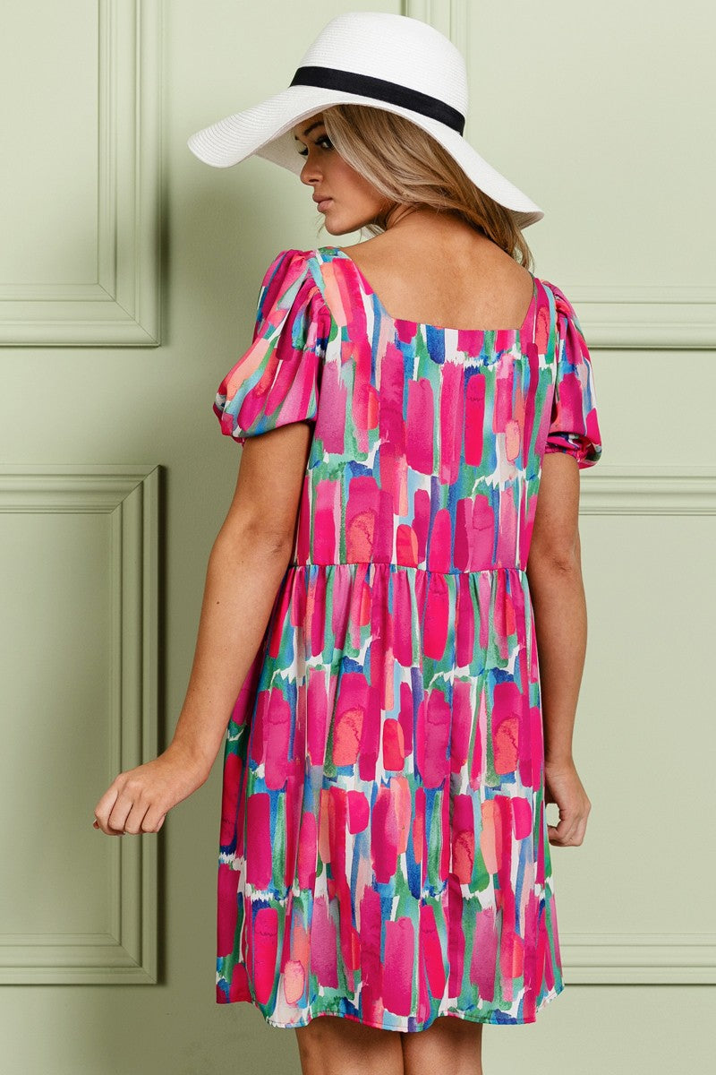 Multi Printed Balloon Sleeve Dress