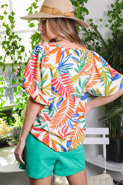 Tropical Print Seersucker Top