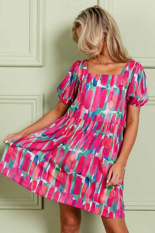 Multi Printed Balloon Sleeve Dress