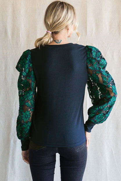 Navy & Green Floral Sleeve Sweater