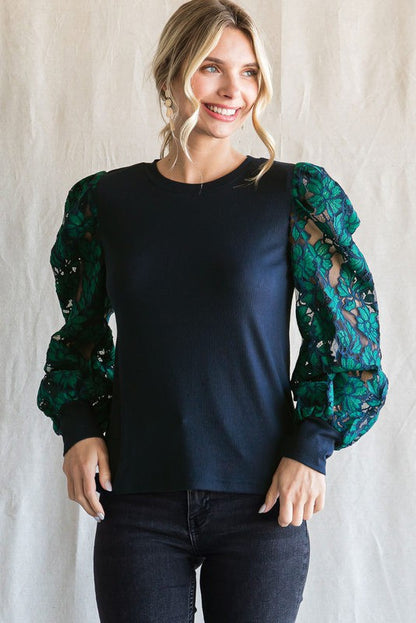 Navy & Green Floral Sleeve Sweater