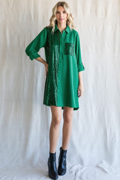 Hunter Green Sequin Shirt Dress