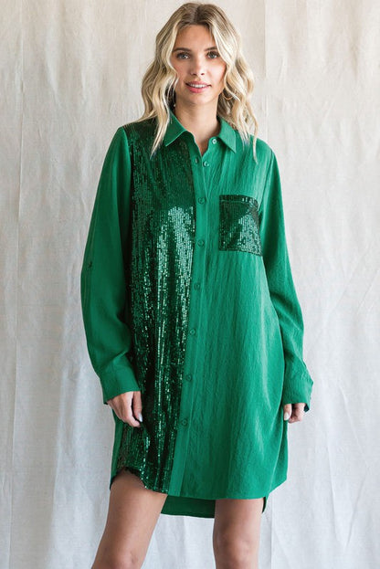 Hunter Green Sequin Shirt Dress