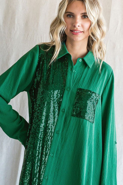 Hunter Green Sequin Shirt Dress