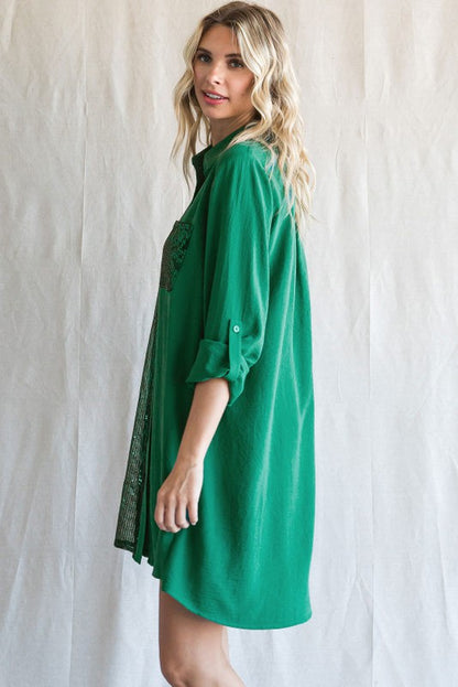 Hunter Green Sequin Shirt Dress