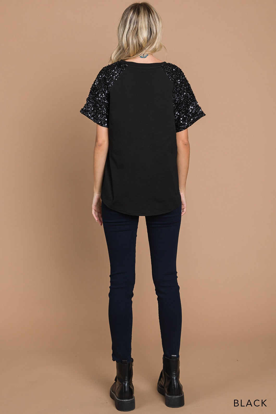 Black Sequin Contrast Sleeve Top