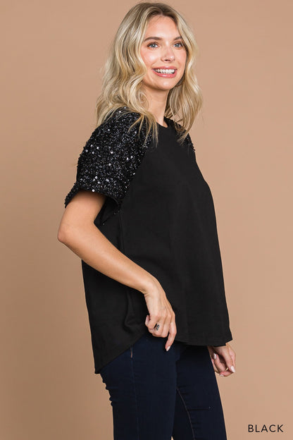 Black Sequin Contrast Sleeve Top