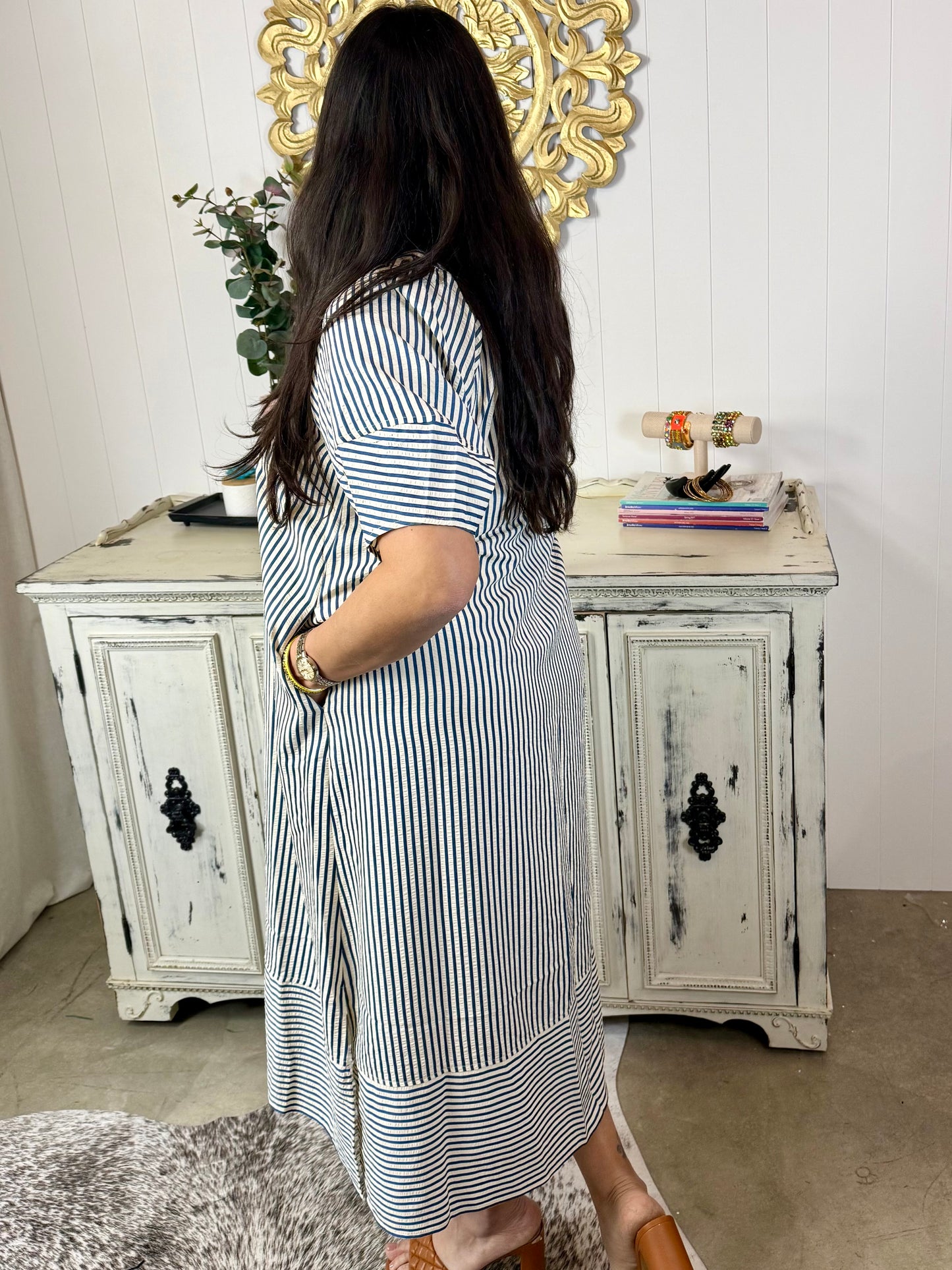 Indigo Striped Seersucker Dress