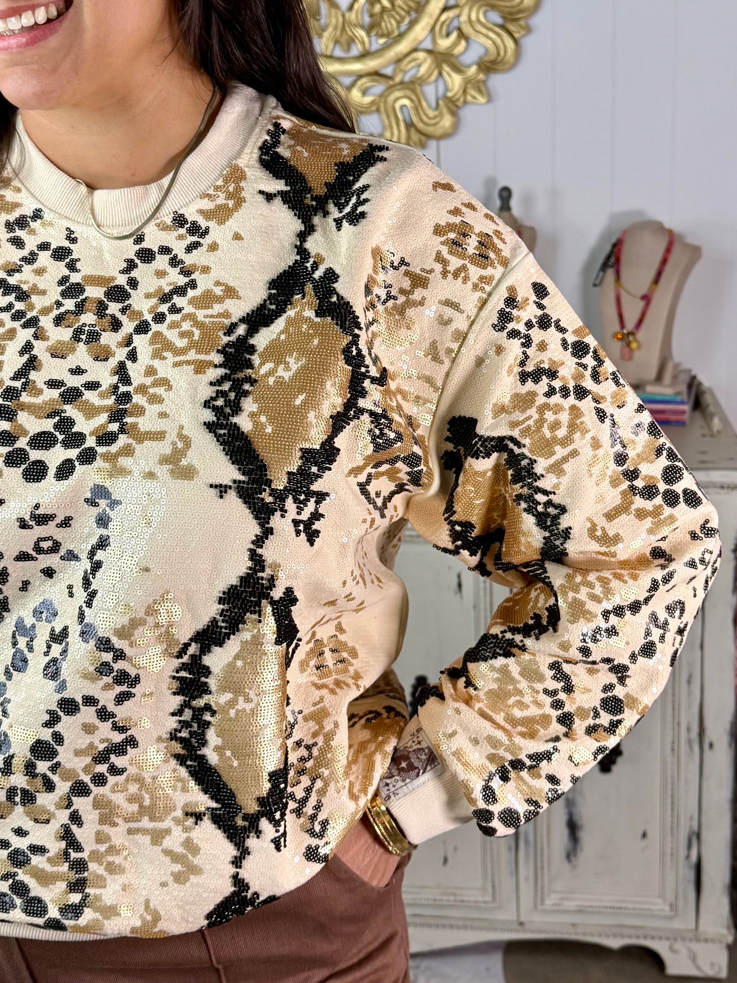 Queen of Sparkles Full Sequins Neutral and Black Python Sweatshirt