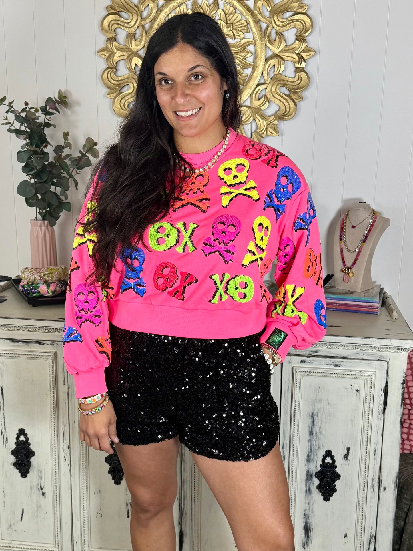 Queen of Sparkles Neon Pink Skull and Crossbone Sweatshirt