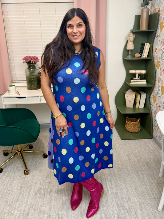 Queen of Sparkles Royal Multi Polka Dot Knit Midi Dress