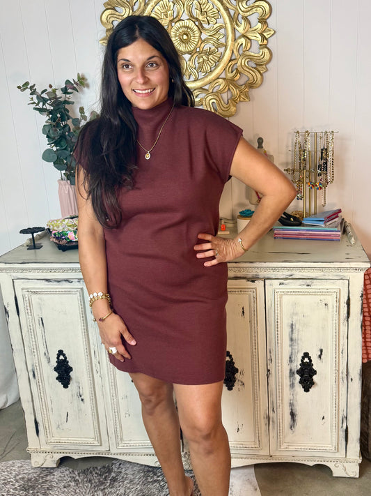 Chocolate Mock Neck Pullover Sweater Dress