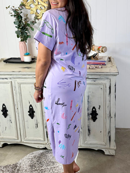 Queen of Sparkles Lavender Multi Crayon Scribble Midi Tee Dress