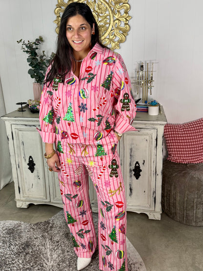 Queen of Sparkles Pink & Red Stripe Christmas Icon Pants