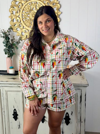 Queen of Sparkles Rainbow Plaid Chili Pepper Button Up Cotton Top