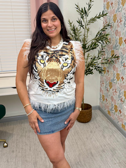 Queen of Sparkles White Oversized Tiger Feather Trim Tank