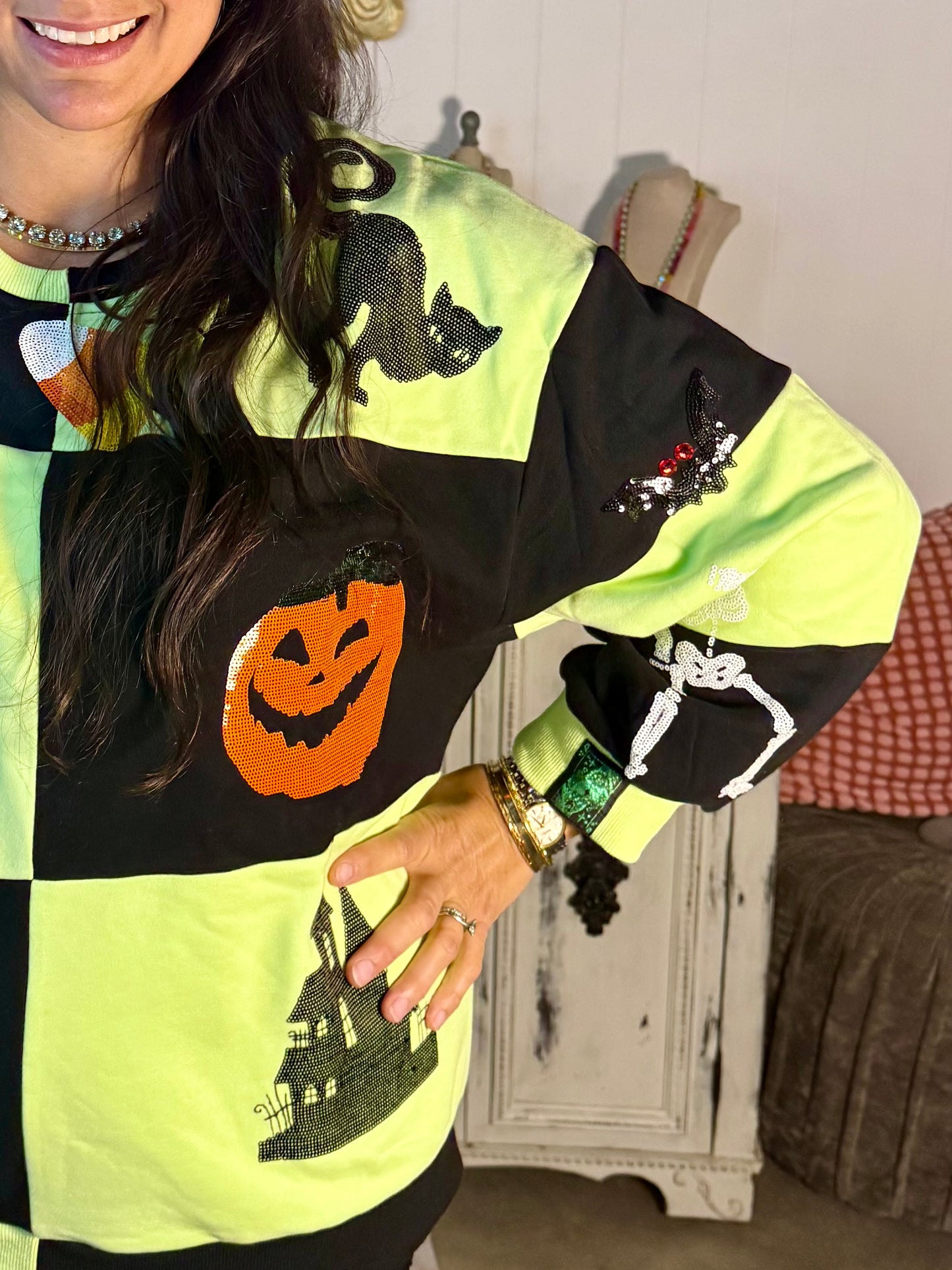 Queen of Sparkles Green and Black Checkered Halloween Sweatshirt