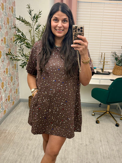 Queen of Sparkles Brown Multi Rhinestone Cotton Short Sleeve Dress