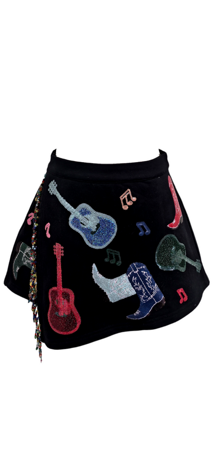 Queen of Sparkles Black Multi Guitars & Boots Skort