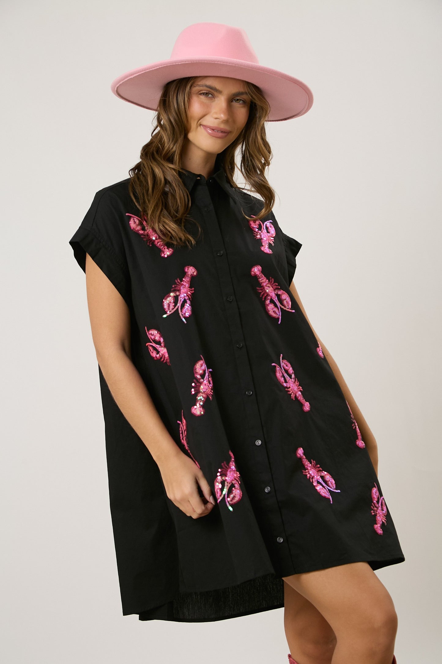 Black Crawfish Sequin Shirt Dress