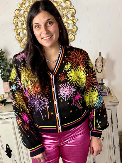 Queen of Sparkles Black & Rainbow Firework Cardigan
