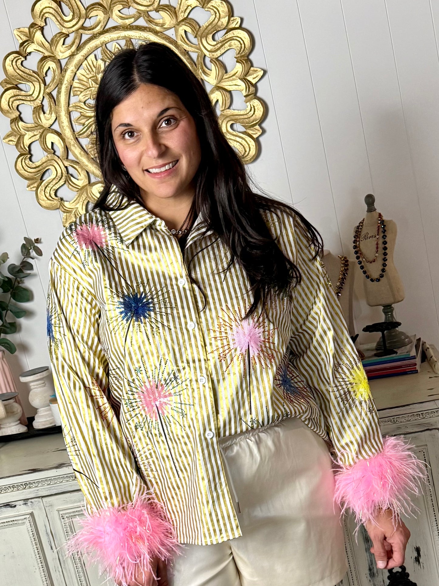 Queen of Sparkles Gold Stripe Multi Sparkler Shirt