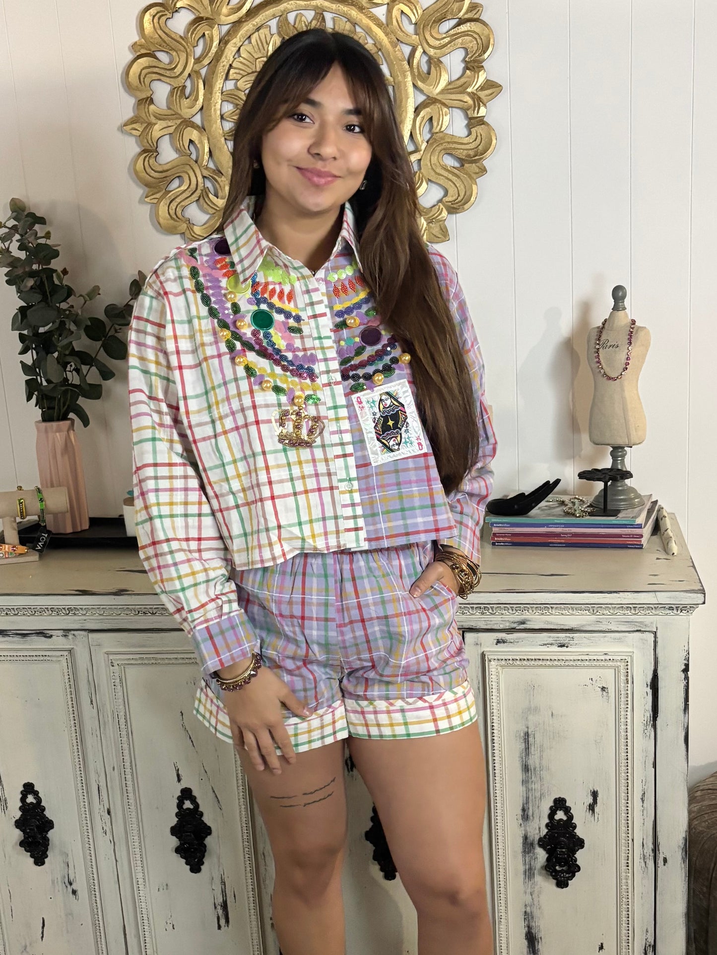 Queen of Sparkles Plaid Mardi Gras Short