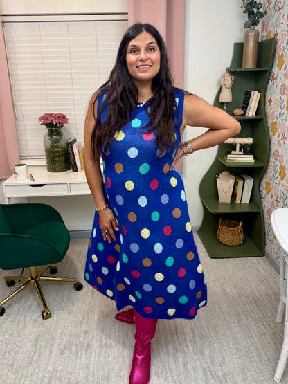 Queen of Sparkles Royal Multi Polka Dot Knit Midi Dress