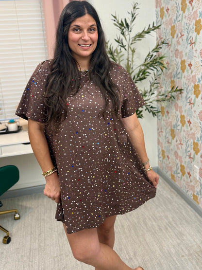 Queen of Sparkles Brown Multi Rhinestone Cotton Short Sleeve Dress