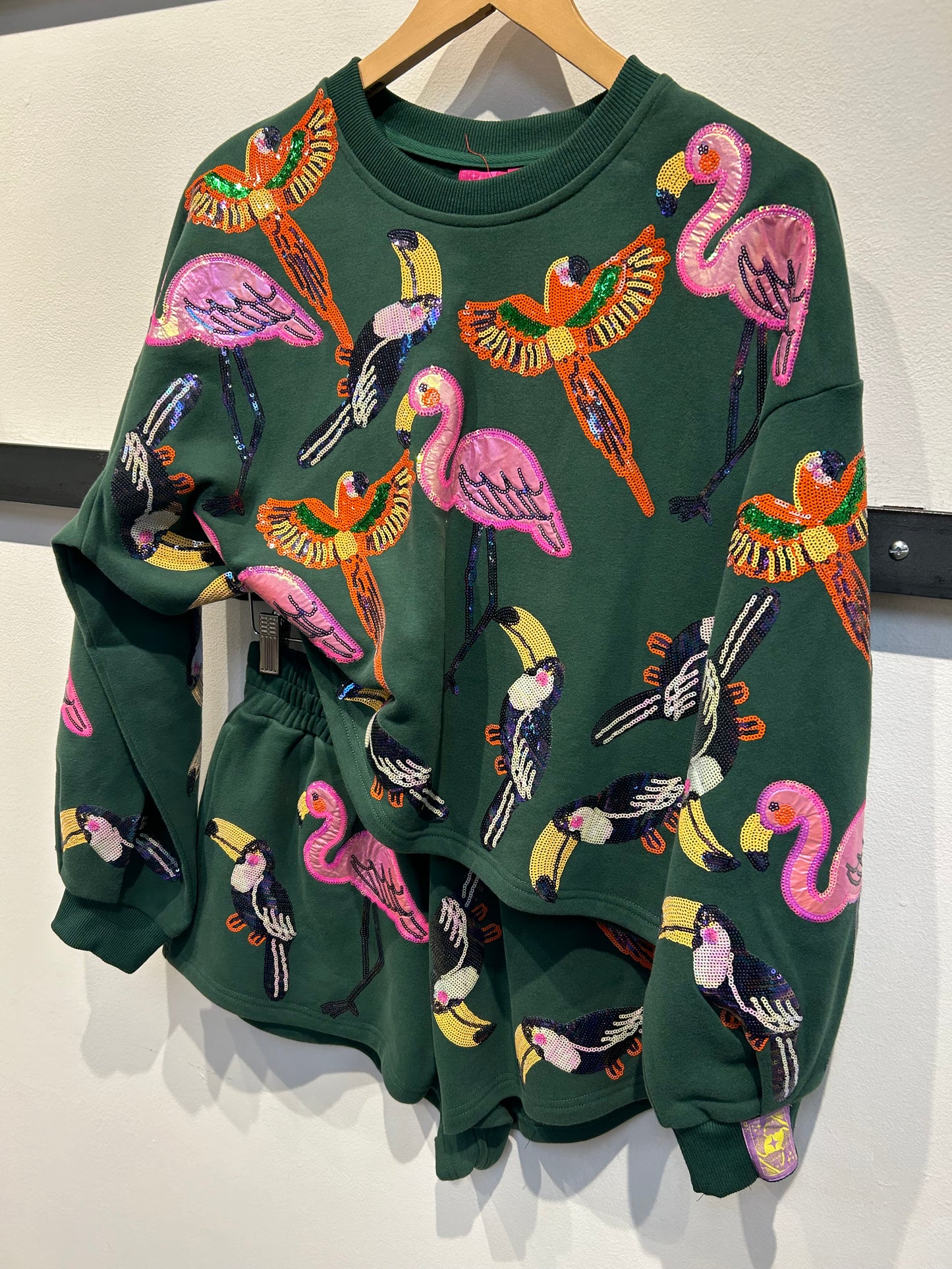 PRE ORDER Queen of Sparkles Dark Green Multi Bird Sweatshirt