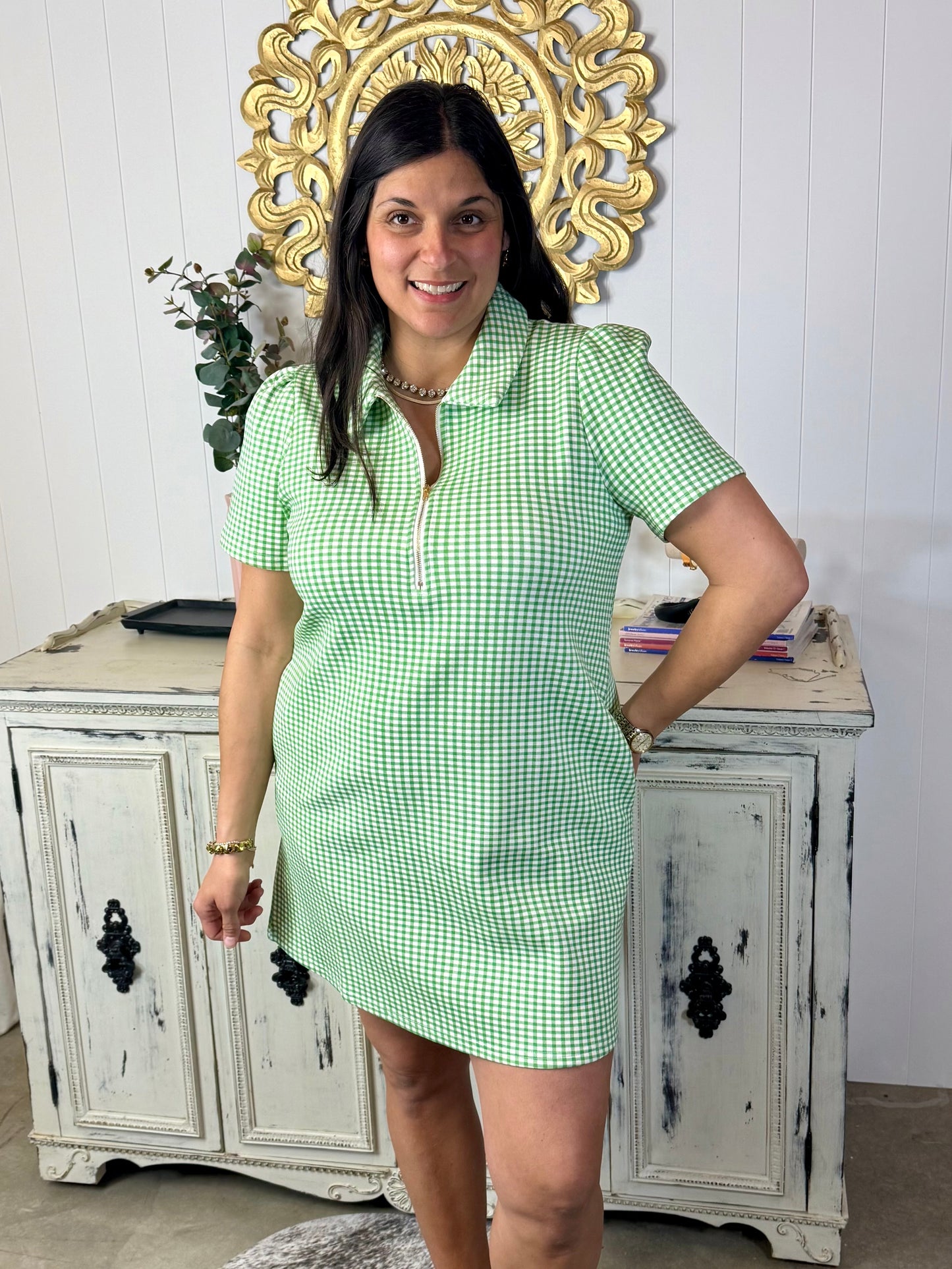 Fresh Start Green Gingham Dress