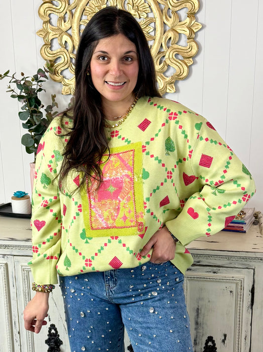 Queen of Sparkles Light Green QOS Logo & Suits Sweater