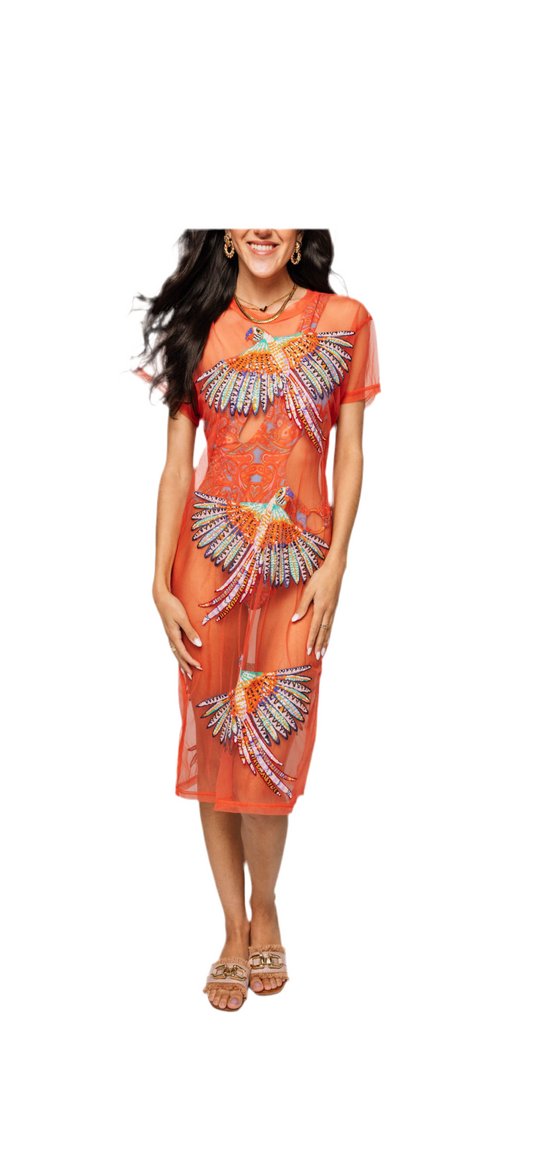Queen of Sparkles Orange Colorful Bird Coverup Midi Dress