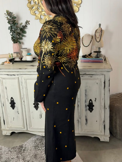 Queen of Sparkles Black & Mixed Metals Firework Midi Sweater Dress