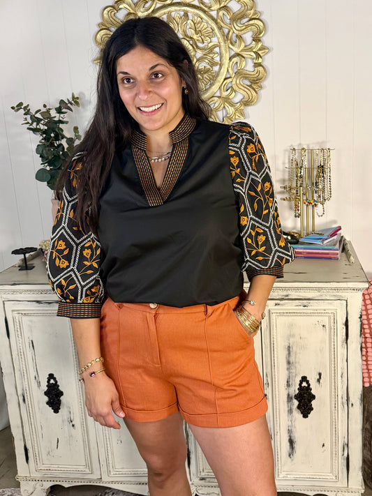 Black Embroidered Floral Pattern Top