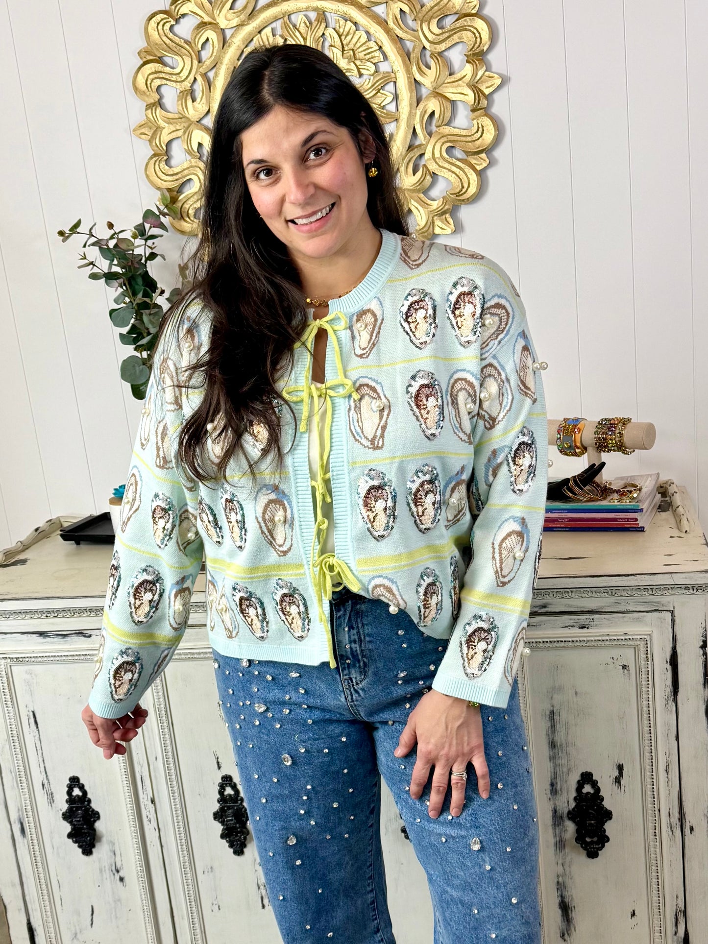 Queen of Sparkles Pale Blue & Green Oyster Sweater