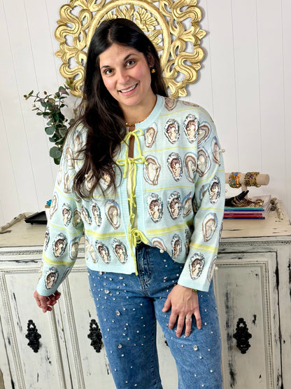 Queen of Sparkles Pale Blue & Green Oyster Sweater