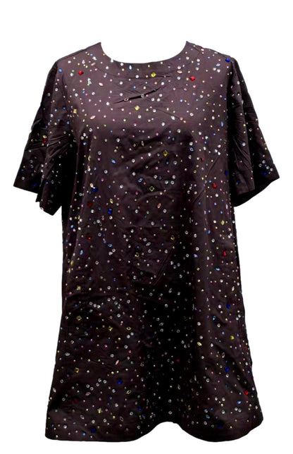 Queen of Sparkles Brown Multi Rhinestone Cotton Short Sleeve Dress