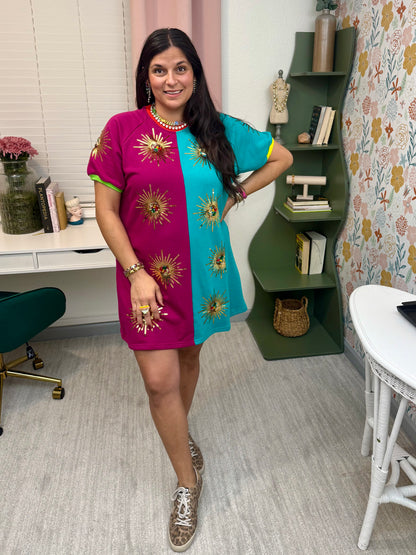 Queen of Sparkles X Denash Exclusive Sunburst Colorblock Dress