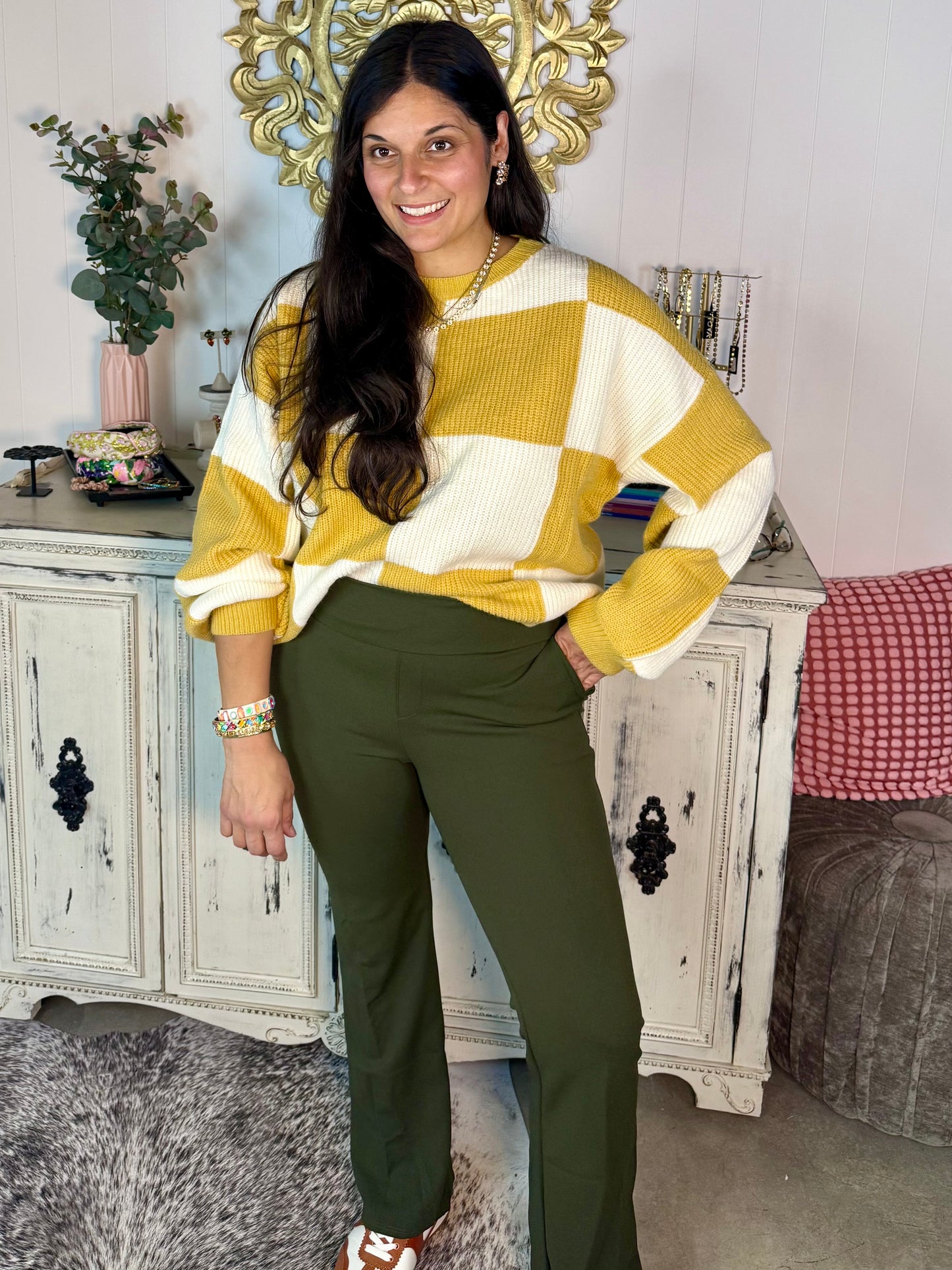High Waisted Olive Stretch Flare Pants