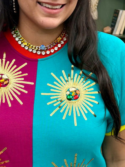 Queen of Sparkles X Denash Exclusive Sunburst Colorblock Dress